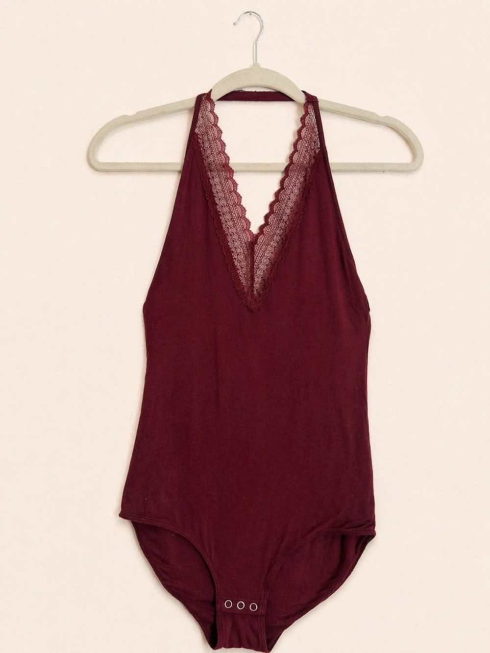 American Eagle Outfitters Burgundy Lace-Trim Halter Bodysuit